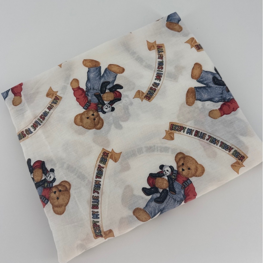Dundee Blue Jean Teddy Bear Kids Crib Sheet Standard White Vintage Print